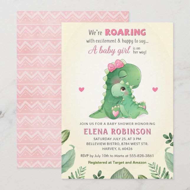 Invitación Niña bebé de dinosaurios rosados Ducha Dulce salva (Anverso / Reverso)