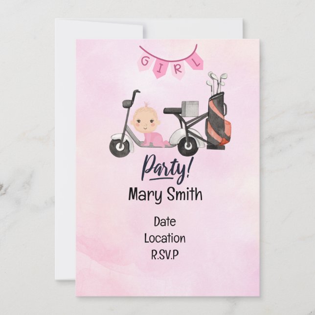 Invitación Niña bebé de golf para Baby Shower en rosa (Anverso)