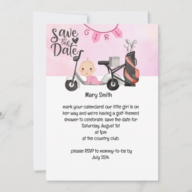 Invitación Niña bebé de golf para Baby Shower en rosa (Anverso)