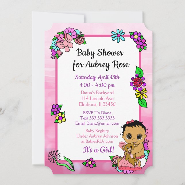 Invitación Niña bebé de la etnia Baby Shower rosa del oso de  (Anverso)
