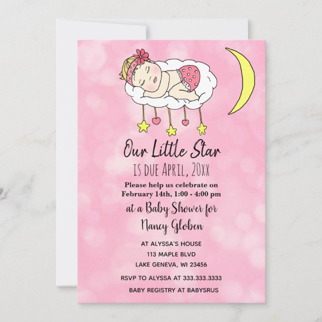 Invitación Niña bebé en Baby Shower de Chica rosa de la luna (Anverso)
