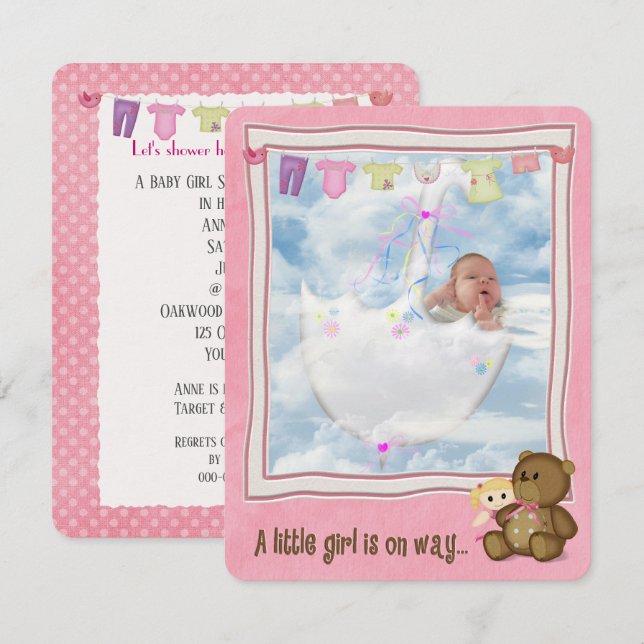 Invitación Niña bebé en una ducha de paraguas (Anverso / Reverso)