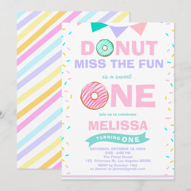 Invitación Niña Bebé Espolvorea Cumpleaños Donut Miss La Dive (Anverso / Reverso)