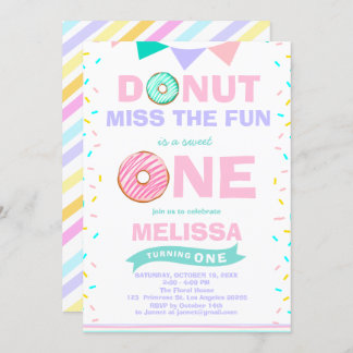 Invitación Niña Bebé Espolvorea Cumpleaños Donut Miss La Dive