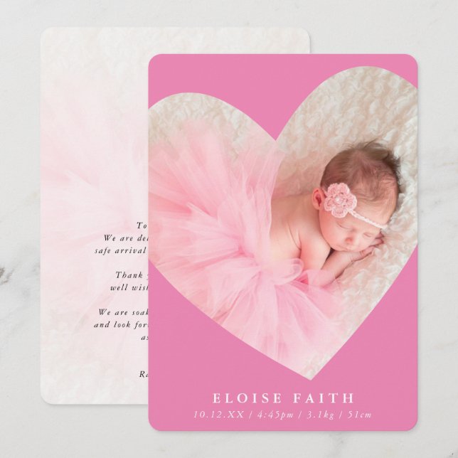 Invitación NIÑA BEBÉ foto moderna lindo marco cardíaco rosa (Anverso / Reverso)