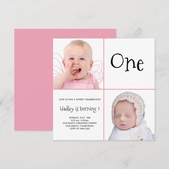 Invitación Niña Bebé Fotos no pareales dulces (Anverso / Reverso)