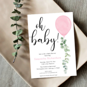 Invitación Niña bebé globo rosa eucalipto bebé ducha