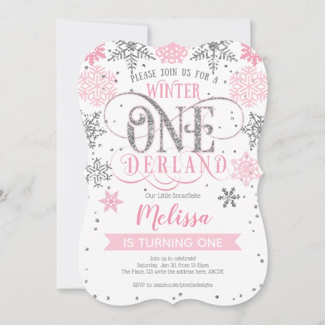 Invitación Niña Bebé, Invierno de Onederland Primer cumpleaño (Anverso)