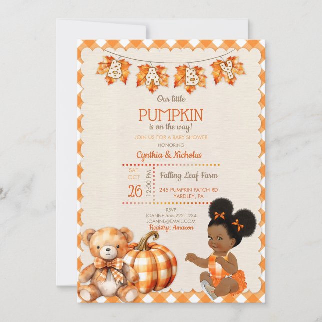 Invitación Niña bebé otoño cuadros oso de peluche calabaza ho (Anverso)