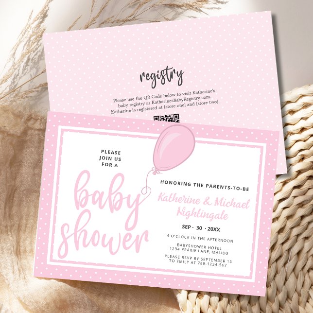Invitación Niña bebé Padres Código QR rosa Baby Shower (Parents to Be Pink Baby Shower invitation with white polka dots, QR code, registry.)