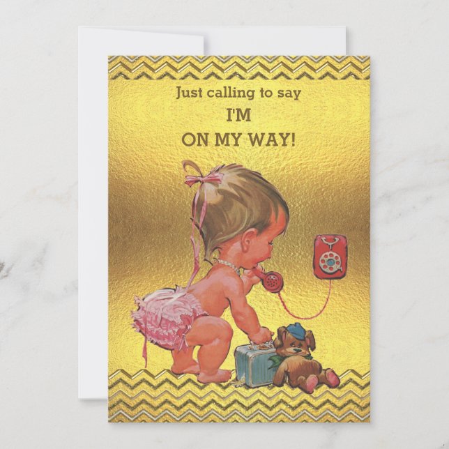 Invitación Niña bebé por teléfono Baby Shower Gold Chevrs (Anverso)