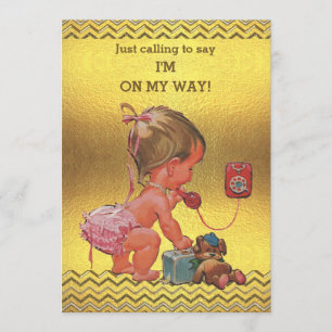 Invitación Niña bebé por teléfono Baby Shower Gold Chevrs