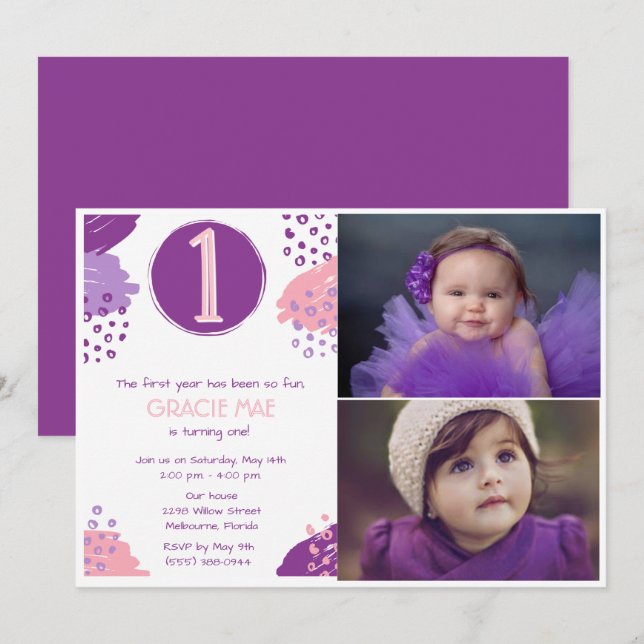 Invitación Niña bebé primer cumpleaños dos Fiestas de foto (Anverso / Reverso)