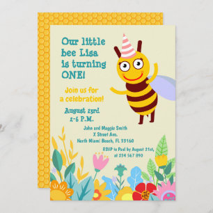 Invitación Niña bebé primer cumpleaños fiesta de abejas