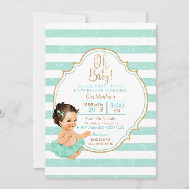 Invitación Niña Bebé Tutú de Menta Rayas Brillo Dorado (Anverso)