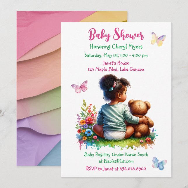 Invitación Niña bebé y su oso de peluche | CHICA BABY SHOWER (Anverso / Reverso)