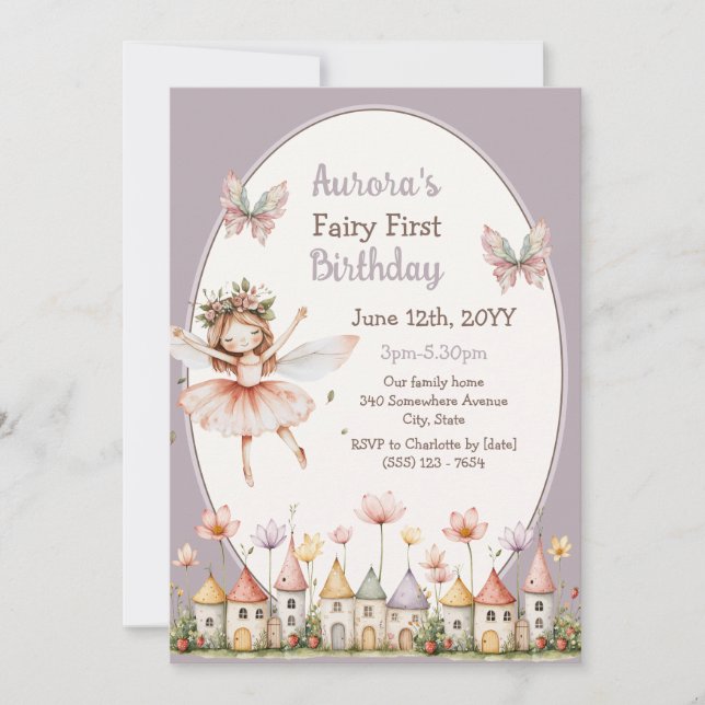 Invitación Niña Boho Bebé Cumpleaños Caprichoso Hada Primero (Anverso)