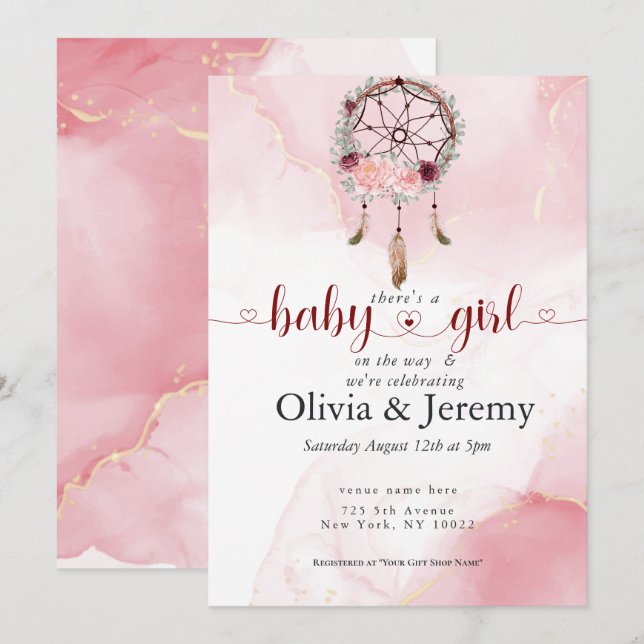 Invitación Niña BOHO Rosa Cazadora de Sueños Acuarela  (Anverso / Reverso)