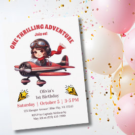 Invitación Niña Bonita Avión Antiguo Rojo Cumpleaños 1er Año