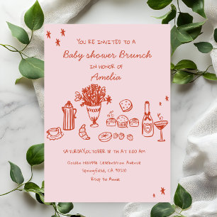 Invitación Niña  Brunch de Baby Shower con Dibujos a Mano