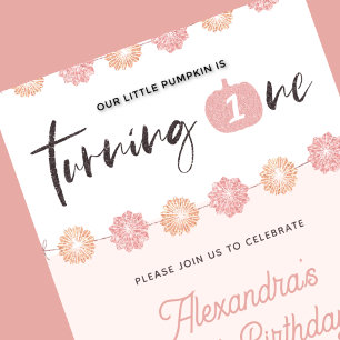 Invitación Niña Calabaza Floral Rosa Cumpleaños 1 Halloween