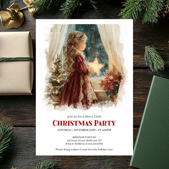 Invitación Niña caprichosa espera a Santa editable navidad   (Whimsical girl awaits Santa editable holiday invite)