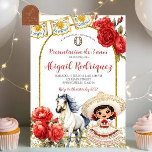 Invitación Niña Charra Rosa Roja Presentación de 3 años Invit