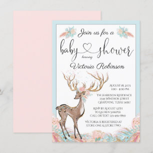 Invitación Niña Ciervo Rosa Turquesa Aquarela Baby Shower