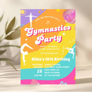Invitación Niña Colorido Retro Gimnasia Gimnasta Cumpleaños