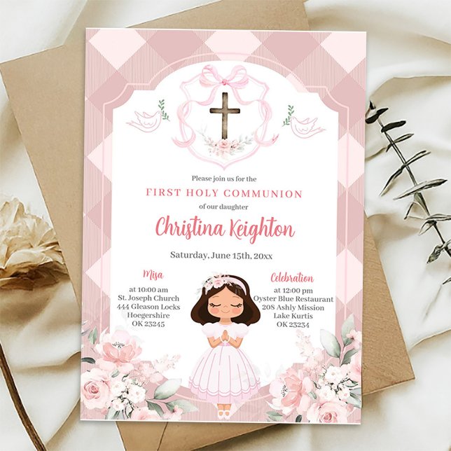 Invitación Niña con cresta de lazo rosa Primera Comunión (Subido por el creador)