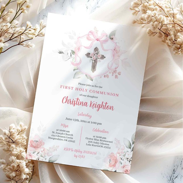 Invitación Niña con cresta de lazo rosa Primera Comunión (Subido por el creador)