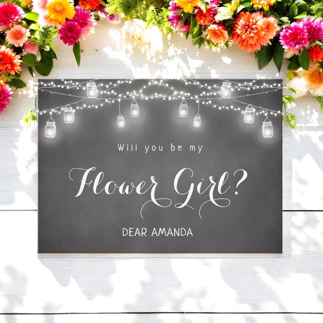 Invitación Niña con flores Luces de cadena negras Pizarra (Subido por el creador)