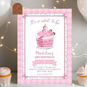 Invitación Niña con lazo de encaje rosa cumpleaños 3 años