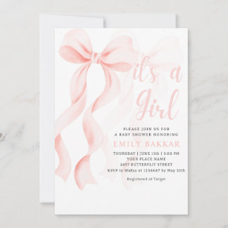 Invitación Niña con lazo rosa acuarela boho moderna ducha de