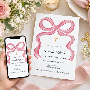 Invitación Niña con lazo rosa Primera Comunión