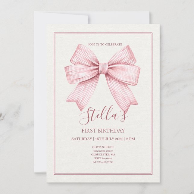 Invitación Niña con lazo rosa primero (Anverso)