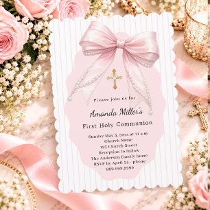 Invitación Niña con lazo rosa rayado primera comunión con vol
