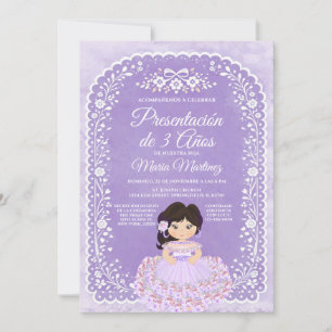 Invitación Niña con Papel Picado Morado Presentación de 3 Año