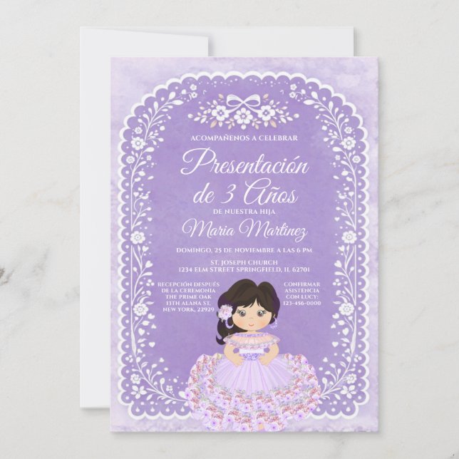 Invitación Niña con Papel Picado Morado Presentación de 3 Año (Anverso)