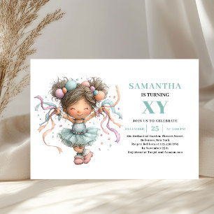 Invitación Niña con Tutú Fantasioso Cumpleaños 5 Morado Verde