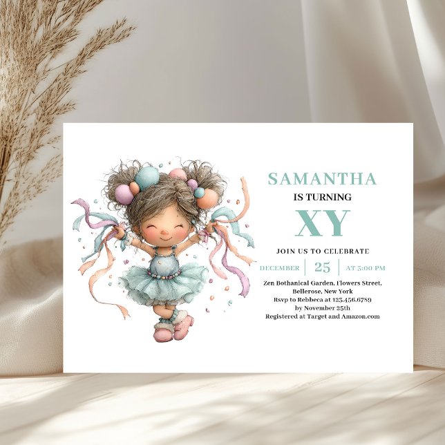 Invitación Niña con Tutú Fantasioso Cumpleaños 5 Morado Verde (Whimsy Girl 5th Birthday Purple Green Cute invitation)