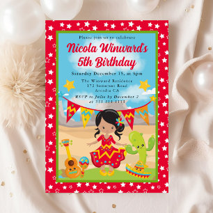 Invitación Niña con vestido rojo lindo Fiesta Cumpleaños infa