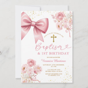 Invitación Niña Coqueta con Lazo Rosa Bautizo y Cumpleaños Fl
