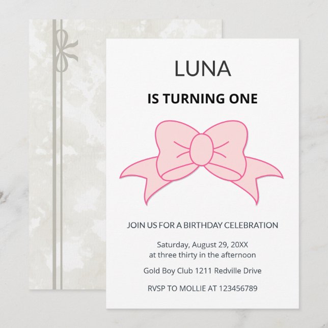 Invitación Niña Coqueta con Lazo Rosa Cumpleaños 1  (Anverso / Reverso)