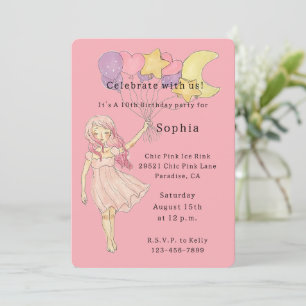 Invitación Niña Corazón Estrellas Luna Globos Cumpleaños