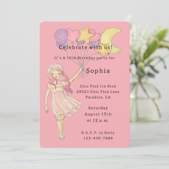 Invitación Niña Corazón Estrellas Luna Globos Cumpleaños (Anverso de pie)
