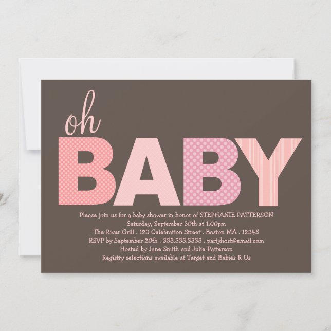 Invitación Niña cosquilleada Baby Shower moderno del rosa oh (Anverso)