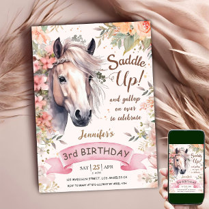 Invitación Niña cumple 3 años caballo Floral Salvaje Saddle U