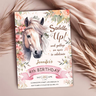 Invitación Niña cumple 4 años caballo Floral Salvaje Ensillar