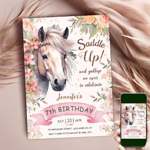Invitación Niña cumple 7 años Caballo Floral Salvaje Silla Ar